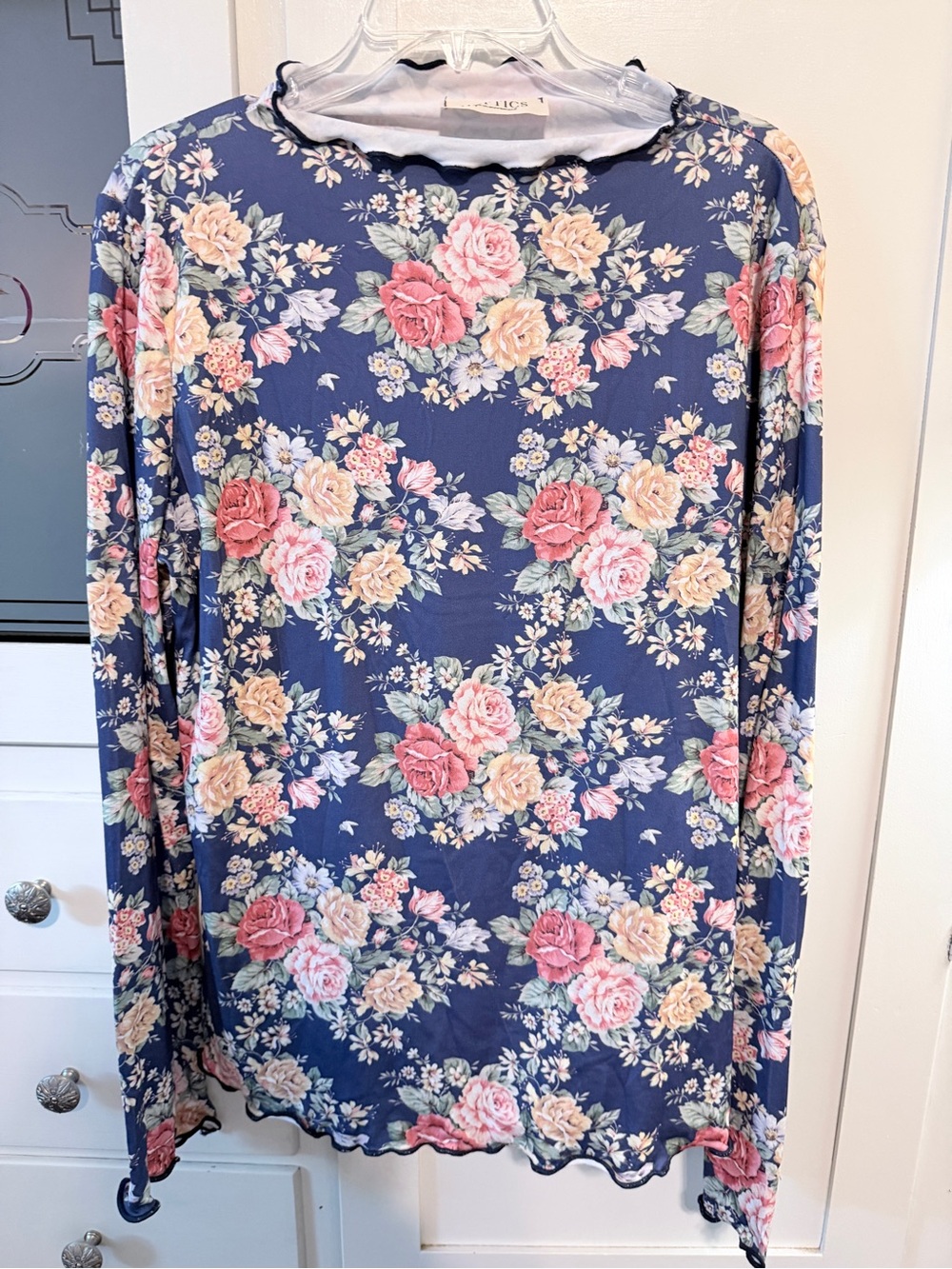 Floral Long-Sleeve Top in Navy with Pink Rose Print